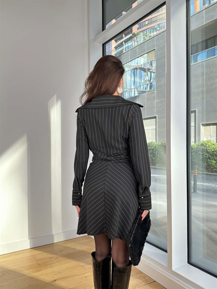 V Yaka Önü Fermuarlı Çizgili Arline Siyah Kadın Mini Elbise 25K316