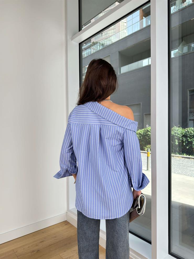 Tek Omuz Düşük Önü Düğmeli Armin Mavi Kadın Çizgili Gömlek 25K205
