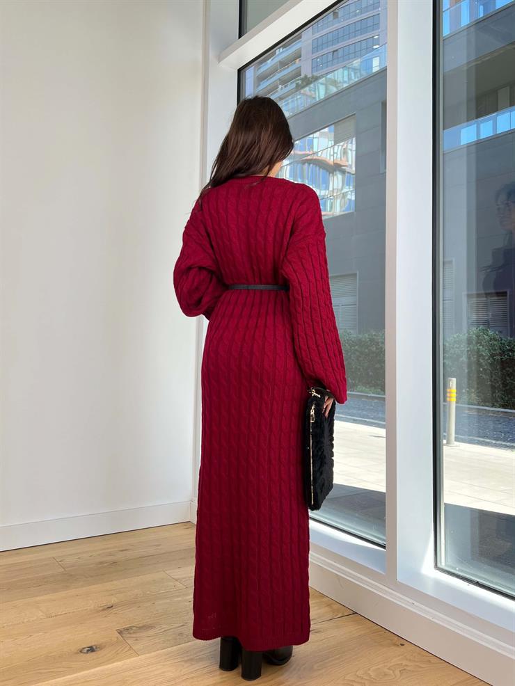 Geniş Kol Örgü Detay Arnas Bordo Kadın Triko Elbise 25K228