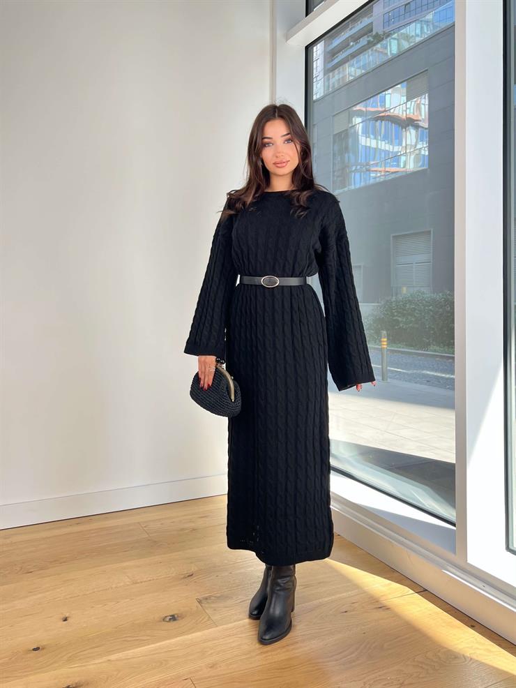 Geniş Kol Örgü Detay Arnas Siyah Kadın Triko Elbise 25K228