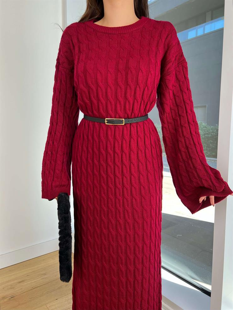 Geniş Kol Örgü Detay Arnas Bordo Kadın Triko Elbise 25K228