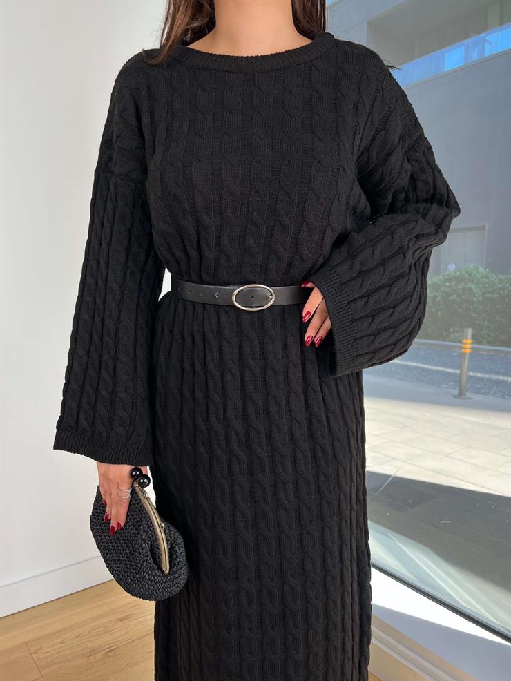 Geniş Kol Örgü Detay Arnas Siyah Kadın Triko Elbise 25K228