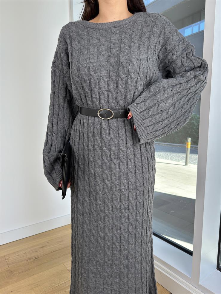 Geniş Kol Örgü Detay Arnas Gri Kadın Triko Elbise 25K228