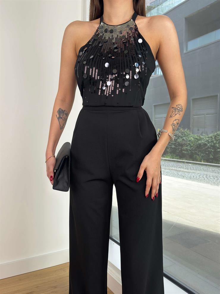 Sıfır Kol Önü İşlemeli Belden Kuşaklı Arnedo Kadın Siyah Tulum 24Y214