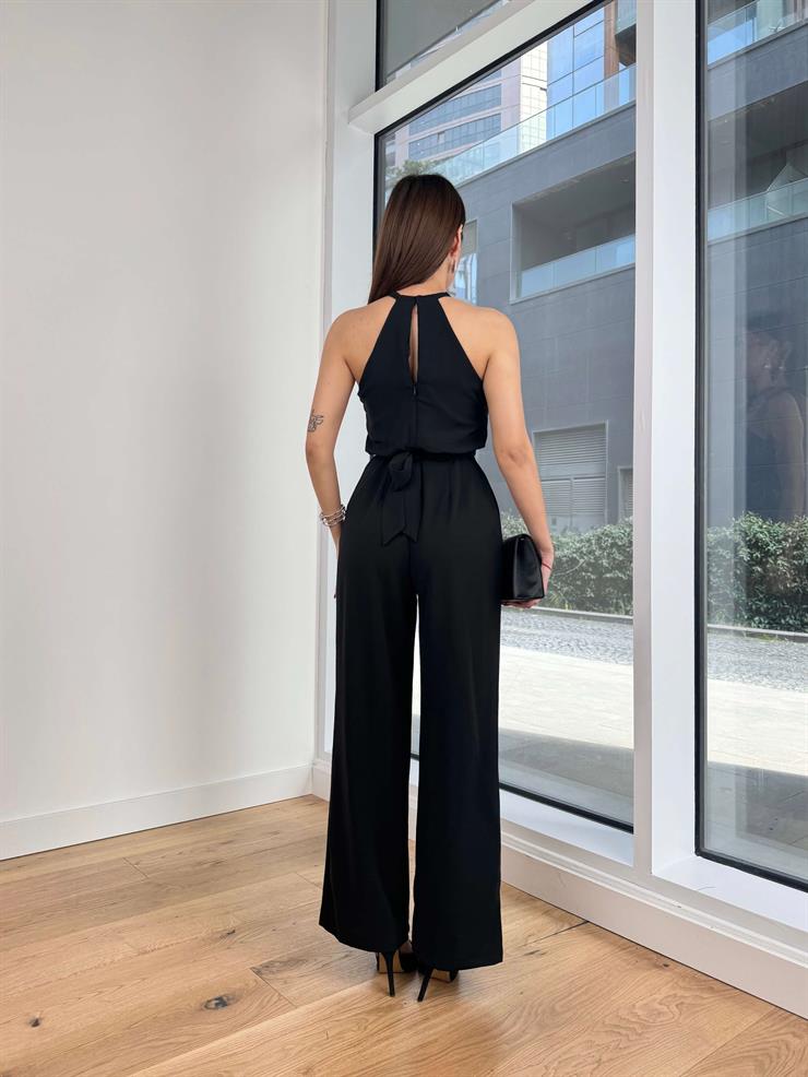 Sıfır Kol Önü İşlemeli Belden Kuşaklı Arnedo Kadın Siyah Tulum 24Y214