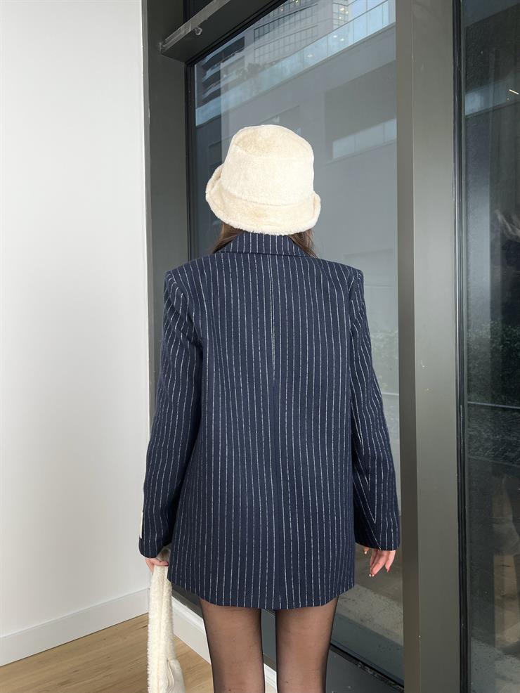 Önü Düğme Kapamalı Arnika Kadın Çizgili Lacivert Blazer Ceket 24k430