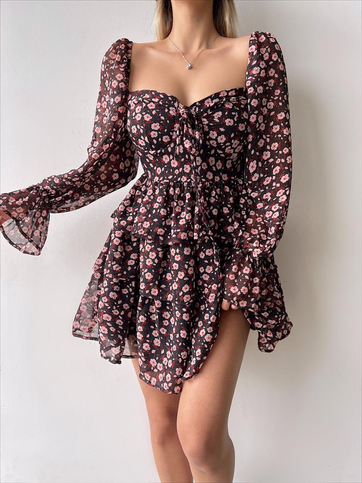 Uzun Tül Kol Göğüs Kısmı Bağcık Detaylı Arola Kadın Çiçekli Siyah Mini Elbise 23Y000256