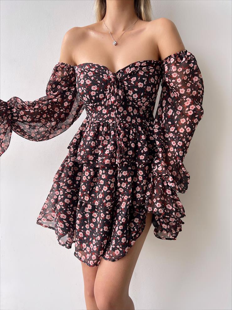 Uzun Tül Kol Göğüs Kısmı Bağcık Detaylı Arola Kadın Çiçekli Siyah Mini Elbise 23Y000256