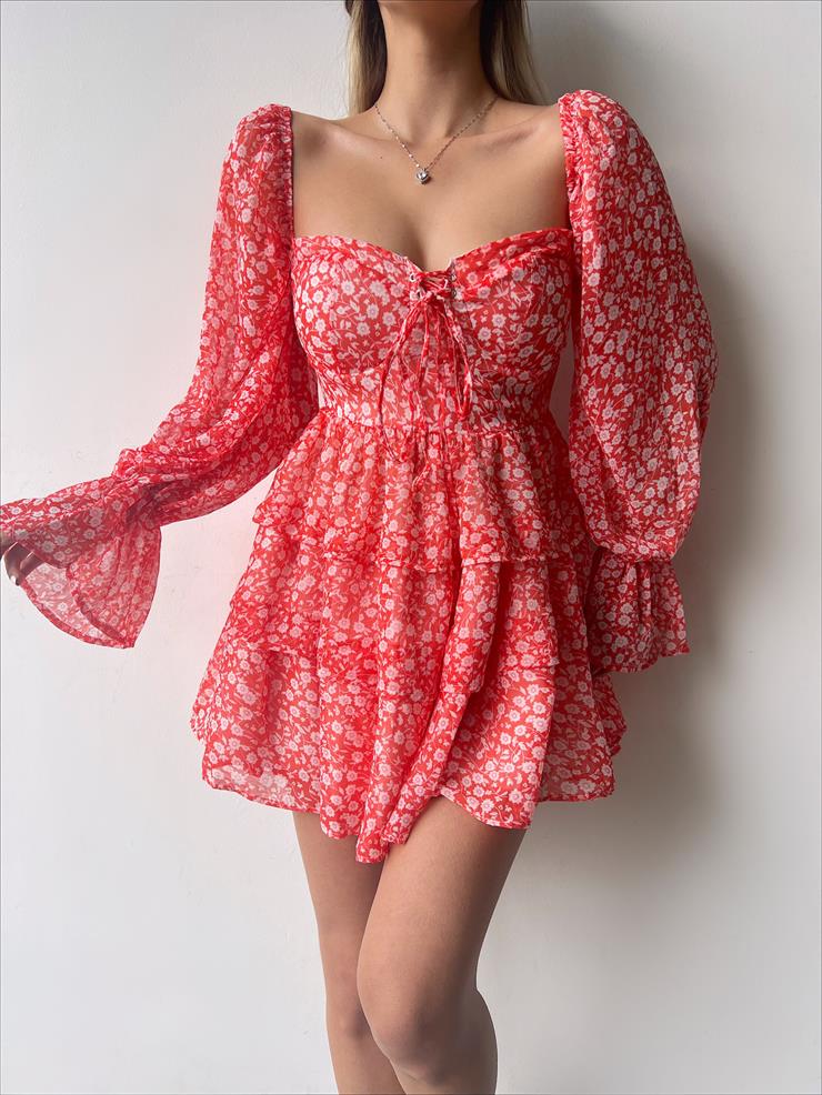 Uzun Tül Kol Göğüs Kısmı Bağcık Detaylı Arola Kadın Çiçekli Oranj Mini Elbise 23Y000256