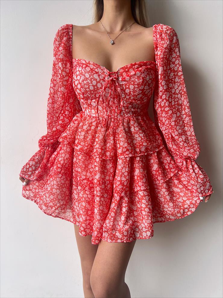 Uzun Tül Kol Göğüs Kısmı Bağcık Detaylı Arola Kadın Çiçekli Oranj Mini Elbise 23Y000256