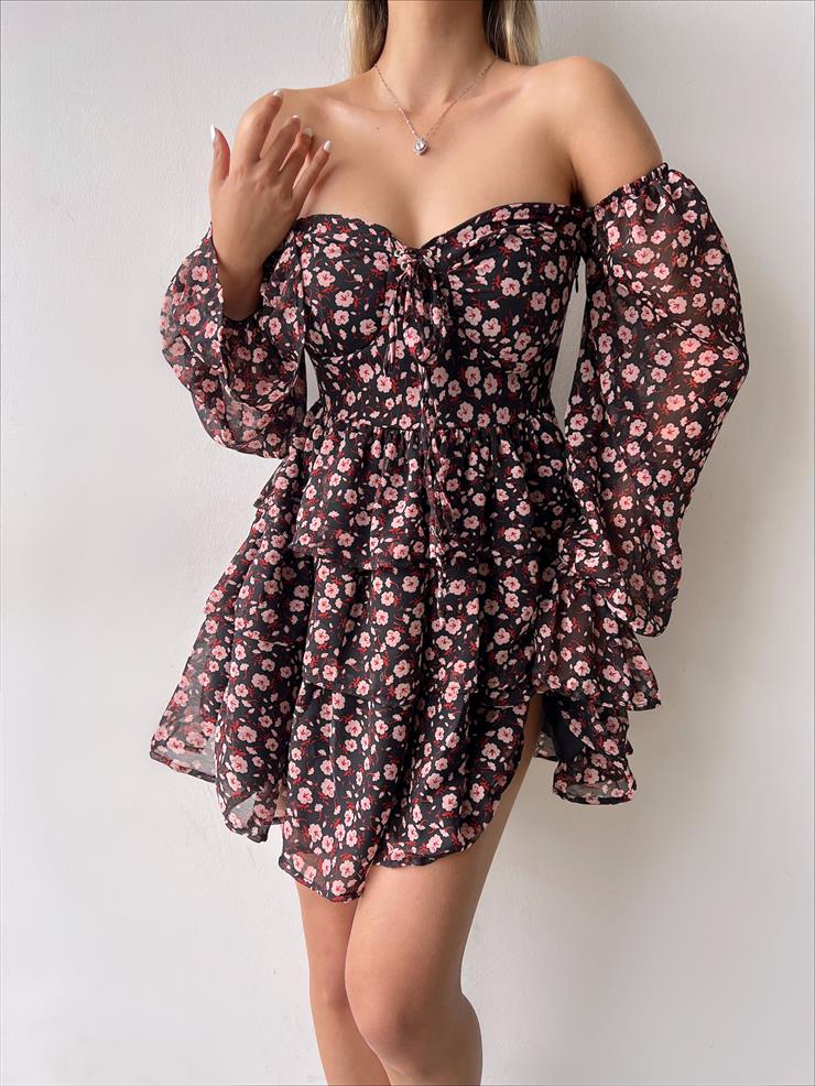 Uzun Tül Kol Göğüs Kısmı Bağcık Detaylı Arola Kadın Çiçekli Siyah Mini Elbise 23Y000256