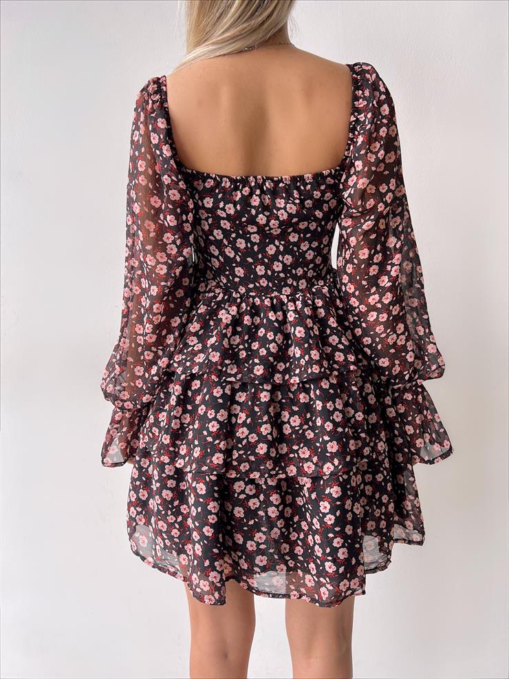 Uzun Tül Kol Göğüs Kısmı Bağcık Detaylı Arola Kadın Çiçekli Siyah Mini Elbise 23Y000256
