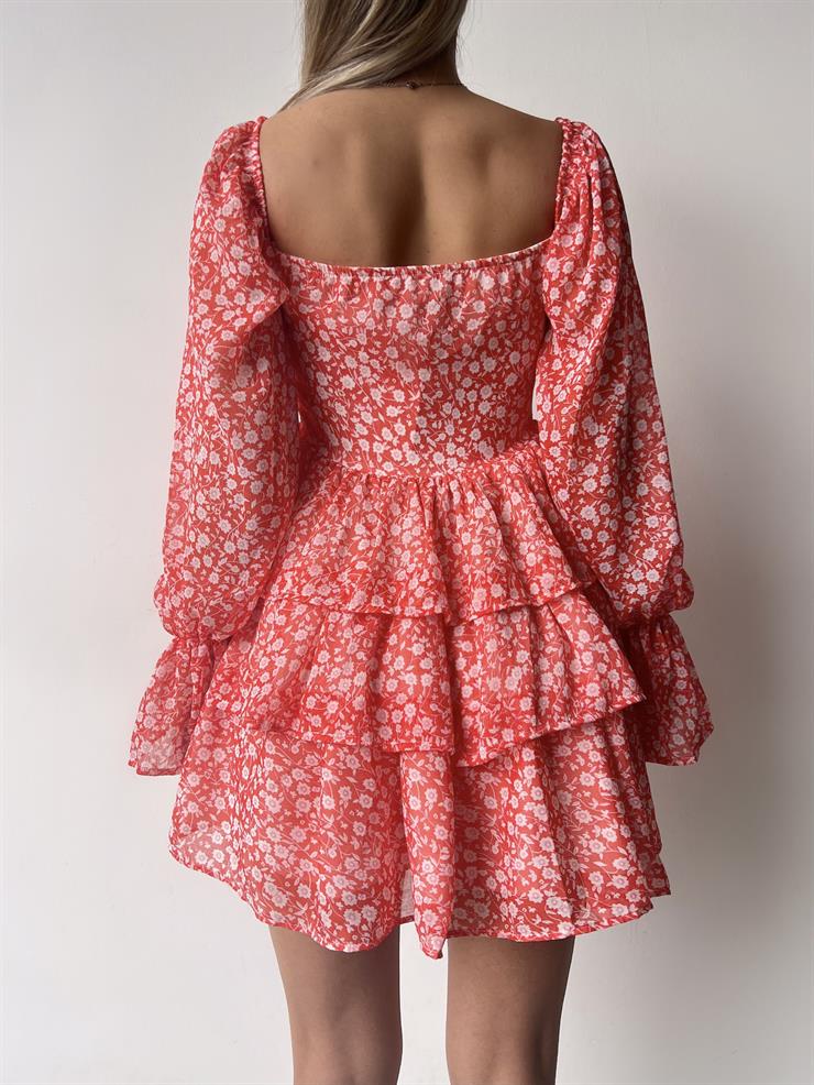 Uzun Tül Kol Göğüs Kısmı Bağcık Detaylı Arola Kadın Çiçekli Oranj Mini Elbise 23Y000256