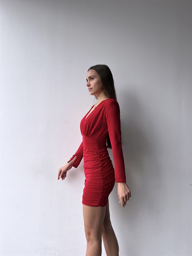 Derin V Yaka Uzun Kol Drapeli Aroline Kadın Kırmızı Mini Elbise 23K000042