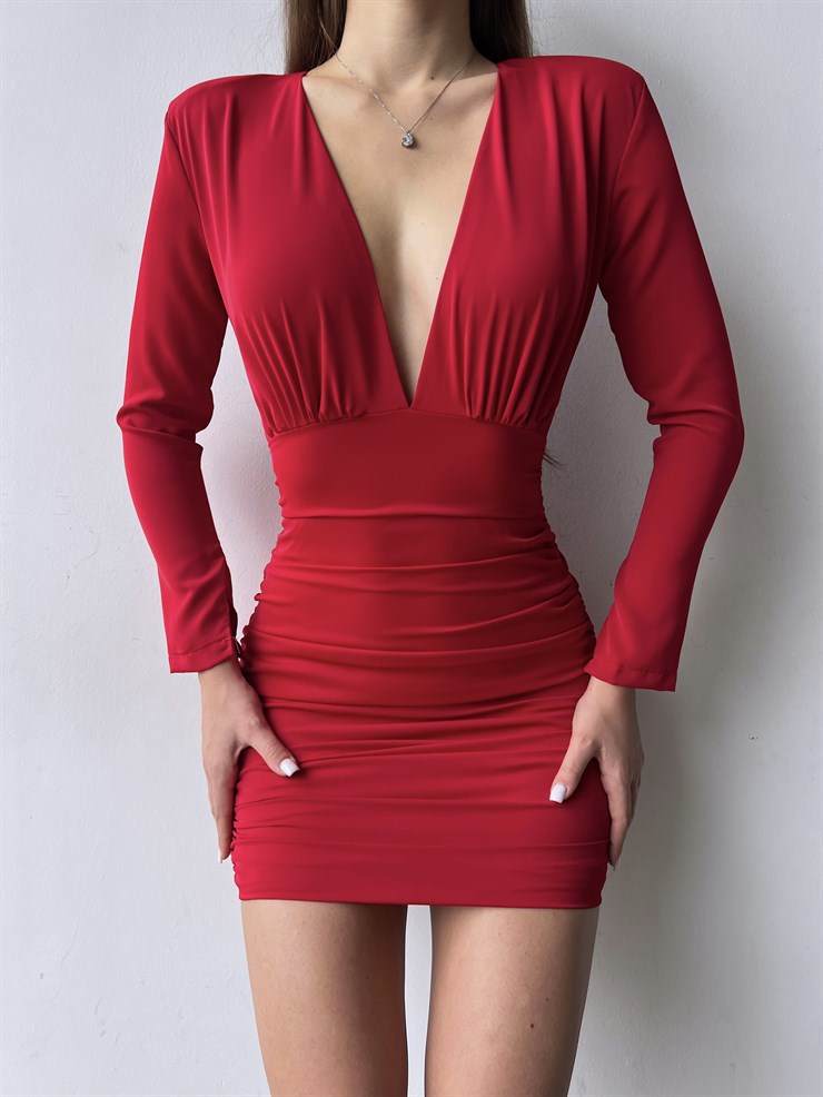Derin V Yaka Uzun Kol Drapeli Aroline Kadın Kırmızı Mini Elbise 23K000042