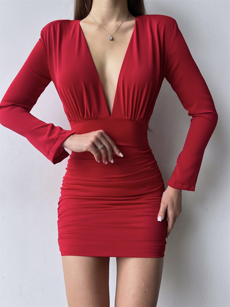 Derin V Yaka Uzun Kol Drapeli Aroline Kadın Kırmızı Mini Elbise 23K000042
