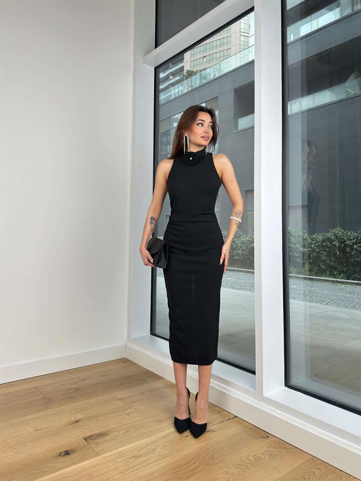 Boğazlı Çıkabilir Aksesuarlı Drape Detaylı Arthur Kadın Siyah Elbise 24Y144