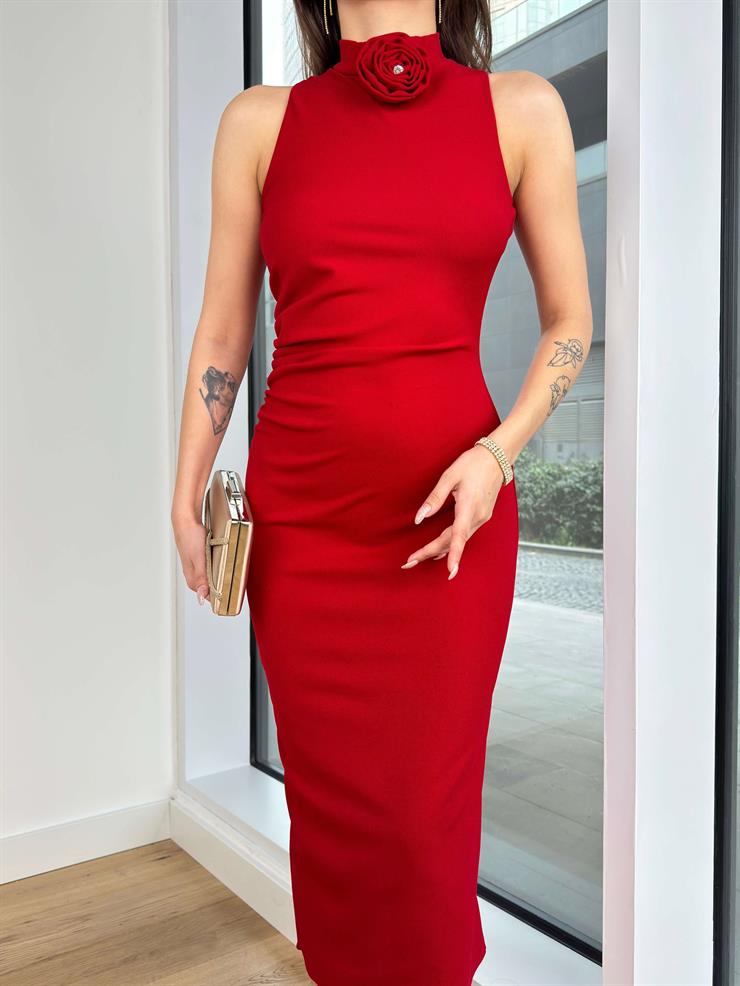 Boğazlı Çıkabilir Aksesuarlı Drape Detaylı Arthur Kadın Kırmızı Elbise 24Y144