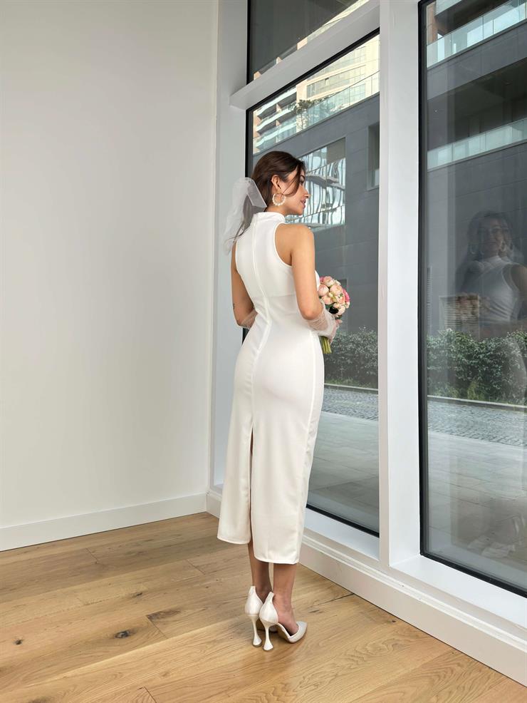 Boğazlı Çıkabilir Aksesuarlı Drape Detaylı Arthur Kadın Beyaz Elbise 24Y144