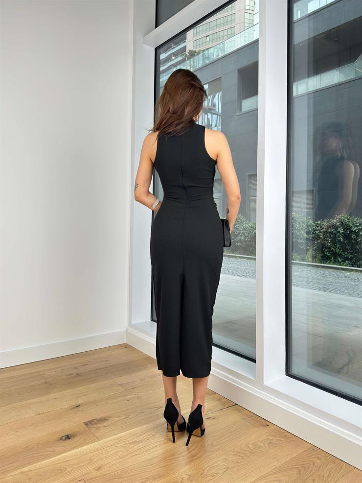 Boğazlı Çıkabilir Aksesuarlı Drape Detaylı Arthur Kadın Siyah Elbise 24Y144