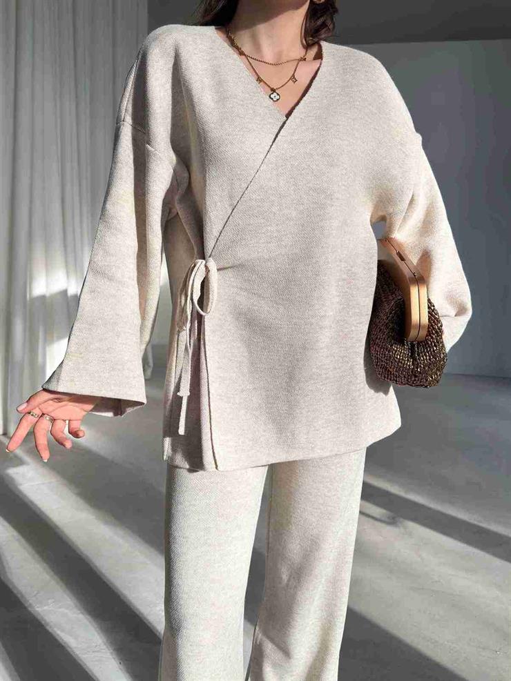 Yandan Bağlamalı Kruvaze Yaka Arthur Taş Kadın İkili Triko Takım 26K210