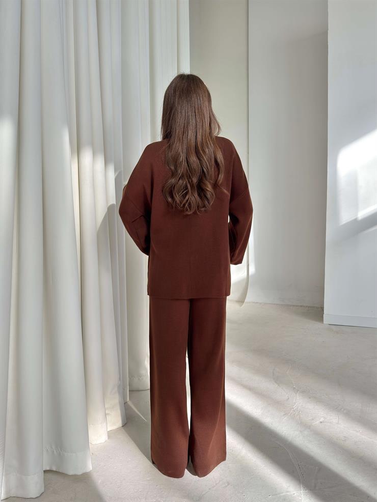 Yandan Bağlamalı Kruvaze Yaka Arthur Kahve Kadın İkili Triko Takım 26K210