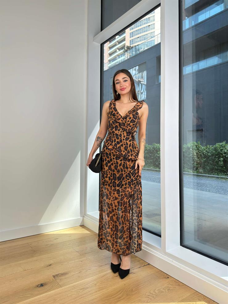 Askısı Ve Önü Fırfır Detaylı Arturo Kadın Leopar Desenli Elbise 24Y584