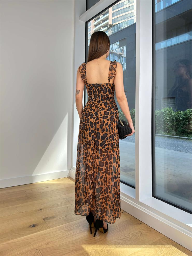 Askısı Ve Önü Fırfır Detaylı Arturo Kadın Leopar Desenli Elbise 24Y584