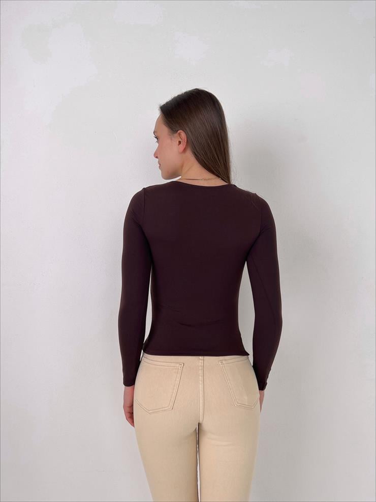 Kare Yaka Arve Kadın Kahve Bluz 23K000388