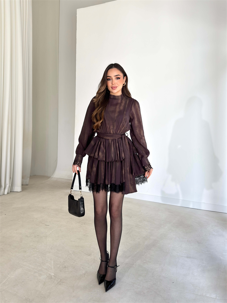 Eteği Katlı Pileli Desenli Altı Dantelli Arvens Kahve Kadın Elbise 26Y108