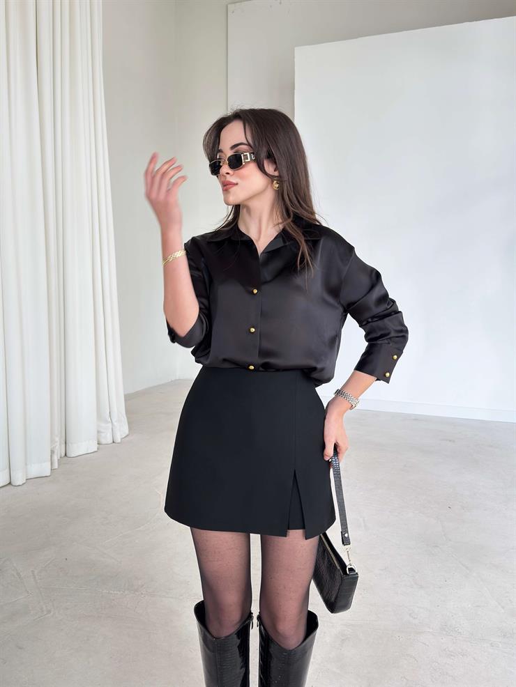 Yırtmaçlı Mini Arverna Siyah Kadın Şort Etek 26K384