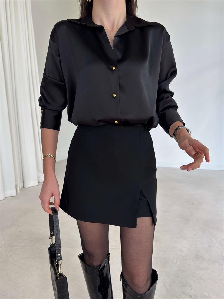 Yırtmaçlı Mini Arverna Siyah Kadın Şort Etek 26K384