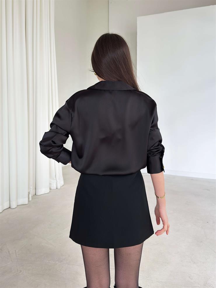 Yırtmaçlı Mini Arverna Siyah Kadın Şort Etek 26K384