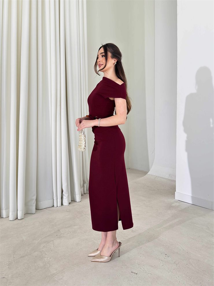 Düşük Omuz Belden Oturtmalı Aksesuar Detaylı Bordo Arves Kadın Elbise 26Y081