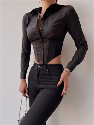 Altı Korse Detay Arya Kadın Siyah Crop Gömlek 22K000474