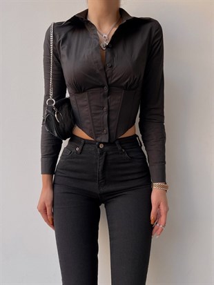 Altı Korse Detay Arya Kadın Siyah Crop Gömlek 22K000474