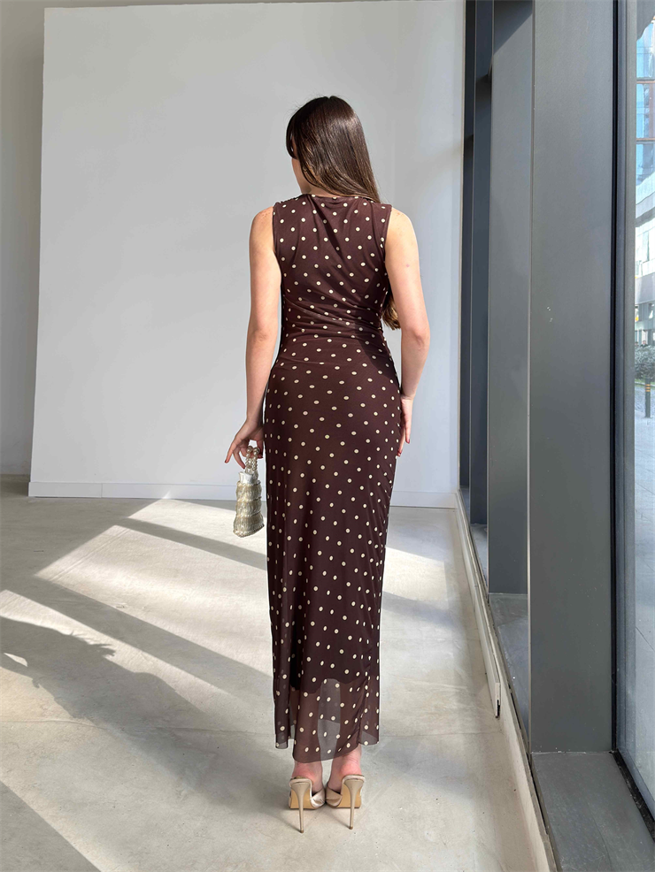 Puantiyeli Drape Detaylı Tül Midi Kahverengi Ashanti Kadın Elbise 26Y123