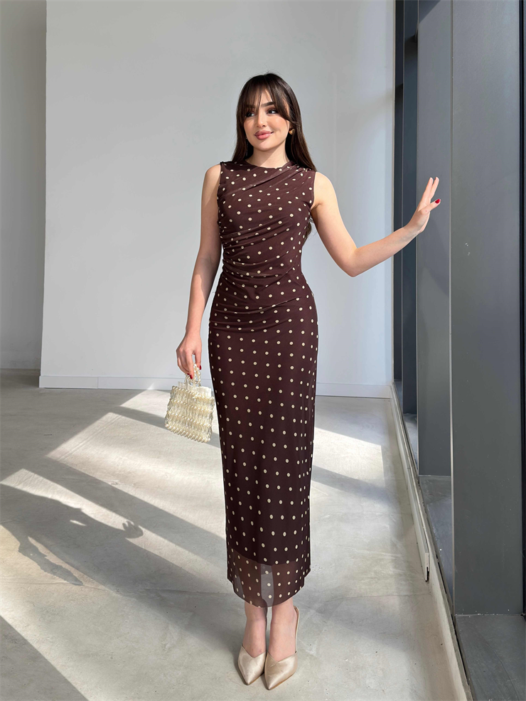 Puantiyeli Drape Detaylı Tül Midi Kahverengi Ashanti Kadın Elbise 26Y123