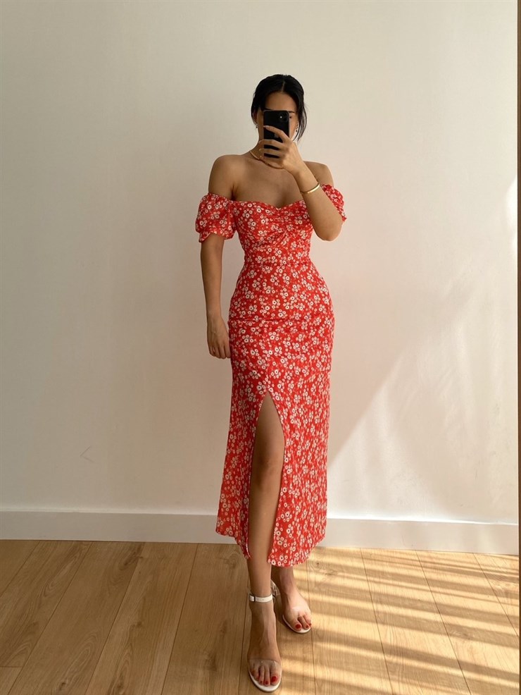 Aşık Omuz Çiçek Desenli  Yırtmaçlı Kadın Kırmızı Midi Elbise 21Y000274