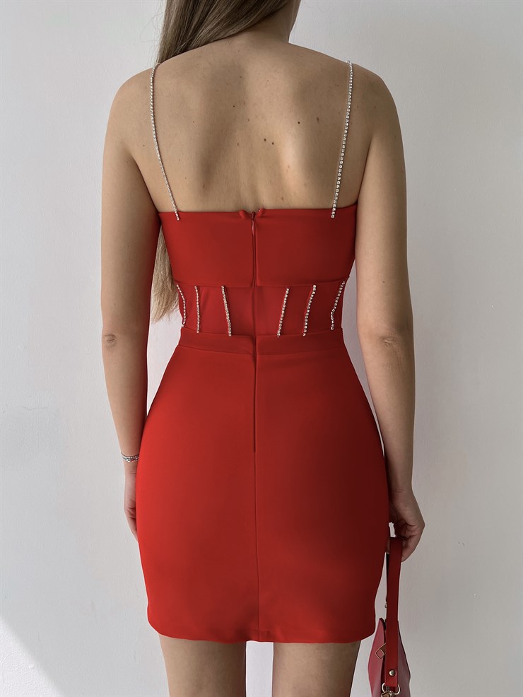 Askı Ve Bel Çevresi Taş Detaylı Beli Tül Yahir Kadın Kırmızı Mini Elbise 22Y000280