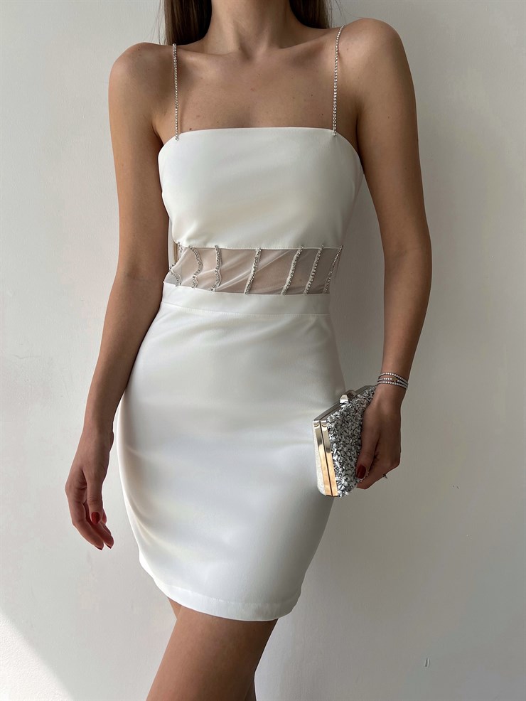 Askı Ve Bel Çevresi Taş Detaylı Beli Tül Yahir Kadın Beyaz Mini Elbise 22Y000280