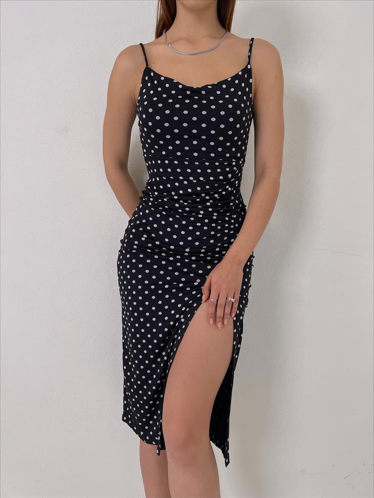 Askılı Bel Kısmı Drape Detaylı Ruth Kadın Siyah Midi Puantiyeli Elbise 23Y000012
