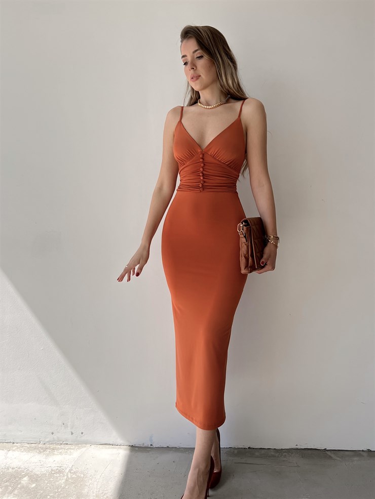 Askılı Beli Düğme Ve Drape Detaylı Janelle Kadın Kiremit Elbise 22Y000088