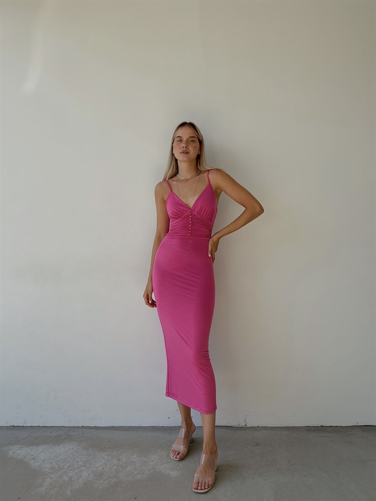 Askılı Beli Düğme Ve Drape Detaylı Janelle Kadın Pembe Elbise 22Y000088