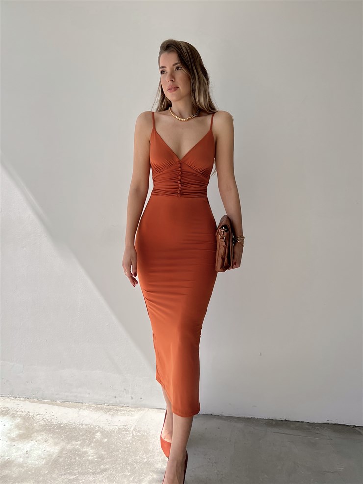 Askılı Beli Düğme Ve Drape Detaylı Janelle Kadın Kiremit Elbise 22Y000088
