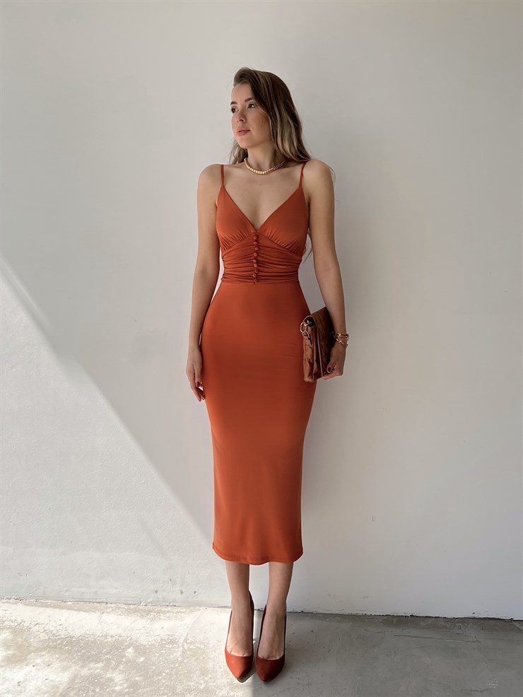 Askılı Beli Düğme Ve Drape Detaylı Janelle Kadın Kiremit Elbise 22Y000088