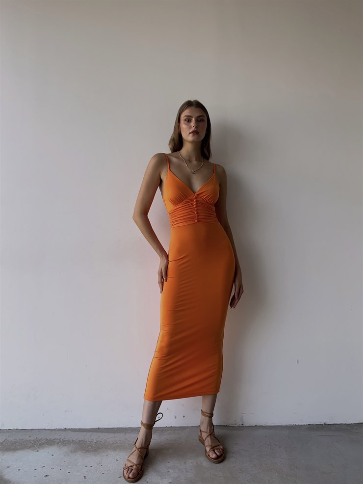 Askılı Beli Düğme Ve Drape Detaylı Janelle Kadın Oranj Elbise 22Y000088