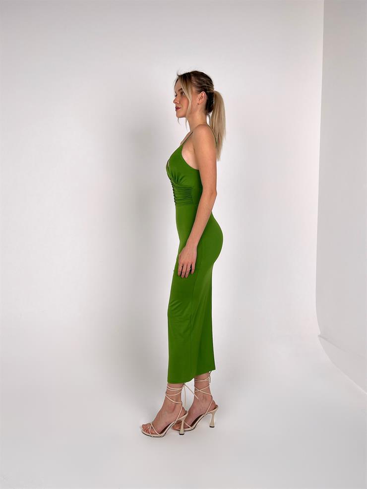 Askılı Beli Düğme Ve Drape Detaylı Janelle Kadın Yeşil Elbise 22Y000088