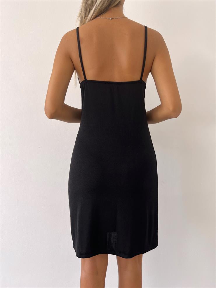 Askılı Degaje Yaka Agnes Kadın Siyah Elbise 23Y000101