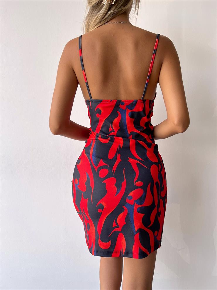 Askılı Degaje Yaka Queen Kadın Oranj Desenli Mini Elbise 23Y000100